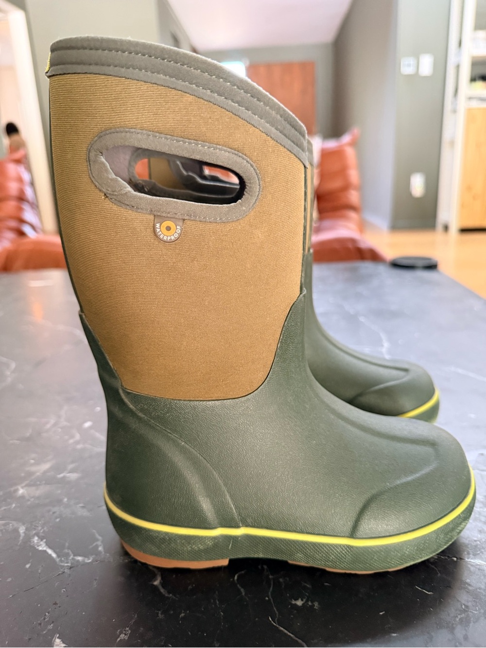 Bogs Kids Olive Green, Tan & Yellow Pull-Tab Rain Boots - Picture 2 of 10